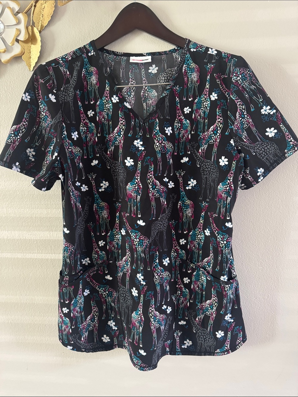 Scrubstar Black Short Sleeve Scrub Top with Teal and Magenta Giraffe Print